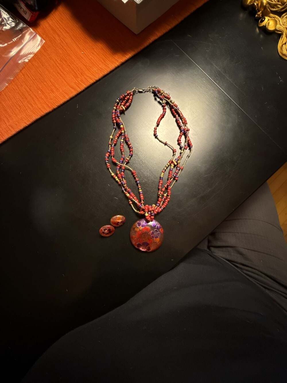 Boho Multi-Strand Red & Purple Bead Necklace with Lucite Pendant & Matching Earr